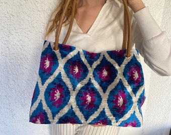 Blue purple waterlily velvet shoulder, genuine leather strapt silk handmade bag, hand embroidered floral rug bag, lotus  flower tote bag