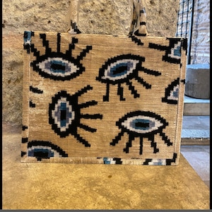 Evil Eye Muster Handgefertigter Seidensamt Ikat Einkaufstasche, Handgewebtes Auge Usbekische Stoff Einkaufstasche, Beige Samt Skandinavische Boho Totebag