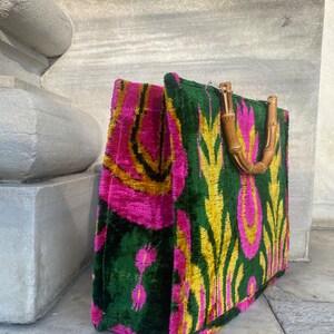 Pink, Orange and Green Ikat Velvet Large Tote Bag with Bamboo Handle