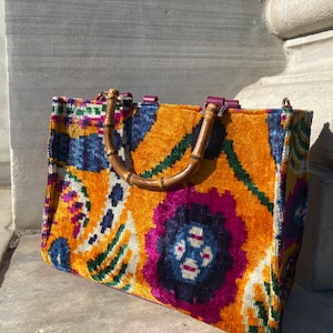 Handwoven Silk Velvet Ikat Tote Bag - Eco-Friendly, Bamboo Handles, colorful ethnic Motif silk bag, Boho Style handbag