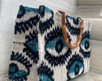 Handwoven Silk Velvet Ikat Tote Bag - Eco-Friendly, Bamboo Handles, Evil Eye Motif, Boho Style