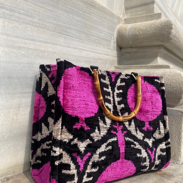 Amber Fuchsia Diamond Ikat Velvet Large Bamboo Tote Bag