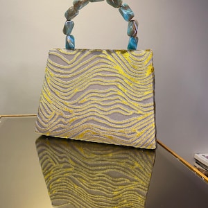 Yellow velvet handmade green stone handle evening bag, gift yellow velvet bag for woman and for mother