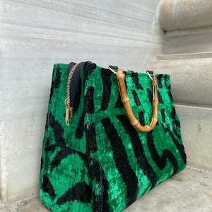 Tote bag Silk Ikat, Tote Traditional Boho Handmade green leopard, Skandinavian Style Boho Silk Velvet Bag-Tote bag, Bamboo Handle Tote