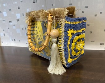 Tote bag  ikat crochet, Knitted bag and jacquard velvet  tasseled Bag-Tote bag, Bamboo Handle yellow gray velvet tote