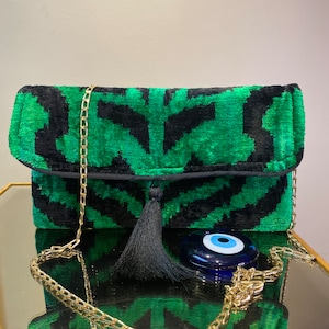 Green black casual silk luxury fasion purse clutch bag, handmade fabric purse clutch, ikat velvet textile purse bag, handmade fabric purse