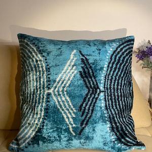Ikat pillow case, blue geometric velvet silk fabric, fashion home decoration, home art pillow, blue black pillow , ottoman design,
