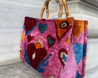 Tote bag Silk Ikat, Large Tote Traditional Boho Handmade heart pink, Skandinavian Style Boho Silk Velvet Bag-Tote bag, Bamboo Handle Tote