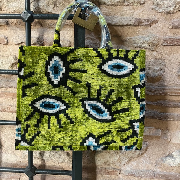 Evil Eye Pattern Handmade Silk Velvet Ikat Tote Bag, Handwoven Eye Uzbek Fabric Tote Bag,Green Velvet Textile Skandinavian Boho Totebag