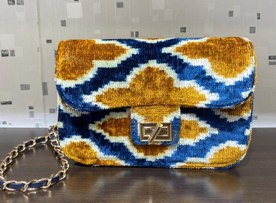Silk ikat velvet fabric medium bag, yellow blueUzbek velvet textile coco bag, silk bag, handmade ikat fabric velvet bag, shoulder bag