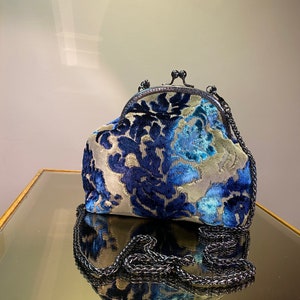 Navy blue velvet fabric bag with chain, casual or evening bag for valentine’s day, fashion velvet bag for woman gift, handmade clip bag, bag