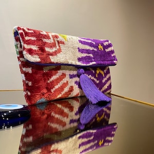 Bunte Ikat Samt Handtasche, Abendtasche, Handgemachte Geldbörse, Ikat Samt Clutch, Ikat Samt Clutch