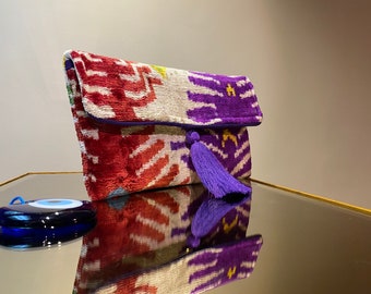 Bunte Ikat Samt Handtasche, Abendtasche, Handgemachte Geldbörse, Ikat Samt Clutch, Ikat Samt Clutch