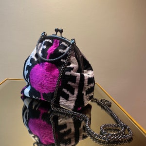 Schwarz weiß lila handgemachte Stoff Tasche, Ikat Samt Medium Crossbody stilvolle Geldbörse Tasche, Usbek Seide Kupplung Geldbörse Handtasche, handgemachte Seide