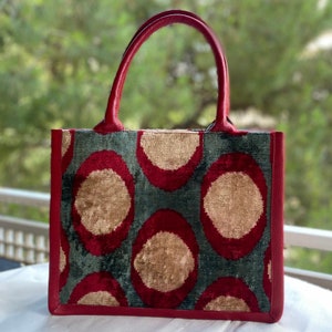 Red Ikat Tote Bag, Silk Uzbek Ikat velvet fabric bag, handmade fabric boho style totebag, silk velvet uzbek bag, luxury fabric bag