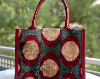 Red Ikat Tote Bag, Silk Uzbek Ikat velvet fabric bag, handmade fabric boho style totebag, silk velvet uzbek bag, luxury fabric bag