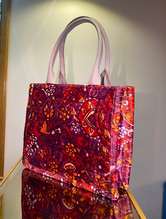 Mother’s day gift, silk velvet cloth tote bag with web handled, moscow vintage fabric handmade bag, uzbek ikat velvet cloth totebag,
