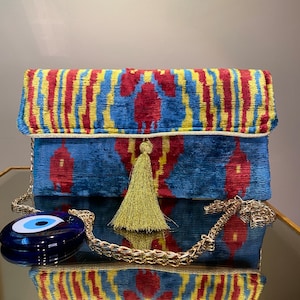 Sac à main en velours pour femme, pochette faite main pour le soir, sac à main en soie ikat tissée à la main, sac à bandoulière boho tadjik, sac en velours en soie ikat