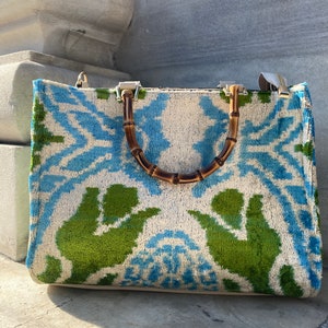 Velvet ikat tote bag, tulip green blue bag, large ikat handmade bamboo tote bag, silk velvet bag, uzbek boho bag bamboo handle