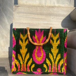 Pink, Orange and Green Ikat Velvet Large Tote Bag with Bamboo Handle main image 1