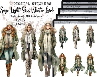 Adesivi digitali per ragazze invernali con pelle chiara Sage, Adesivi digitali per ragazze, Goodnotes per ragazze invernali, Goodnotes magici per ragazze che leggono, Ragazze dalla pelle chiara