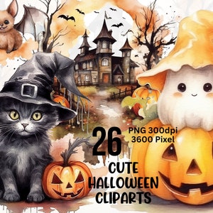 Watercolor Halloween Clipart, Cute Halloween Clipart, Halloween PNG, Watercolor Halloween, Chiby Halloween Clipart, Watercolor Halloween PNG