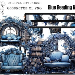 Blue Reading Nook DIGITAL Stickers, Reading Goodnotes, Blue Flower Digital Stickers, Reading Corner Digital Stickers, Blue Butterfly PNG