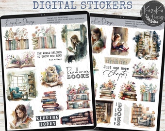 Watercolor Book Goodnotes, Reading Digital Stickers, Book Stickers, Goodnotes Stickers, GoodNotes Planner, Book Worm Digital Stickers