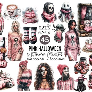 Watercolor Pink Halloween Cliparts-T1, Cute Halloween Cliparts, Halloween PNG, Spooky Season Cliparts, Halloween Cliparts, Gosh Cliparts