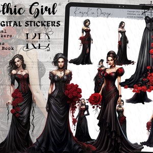 Gothic Girl Digital Stickers Type 2, Light Skin Gothic Girl Digital Stickers, Gothic Girl Goodnotes, Black Gown Girl Stickers, Rose Girl PNG