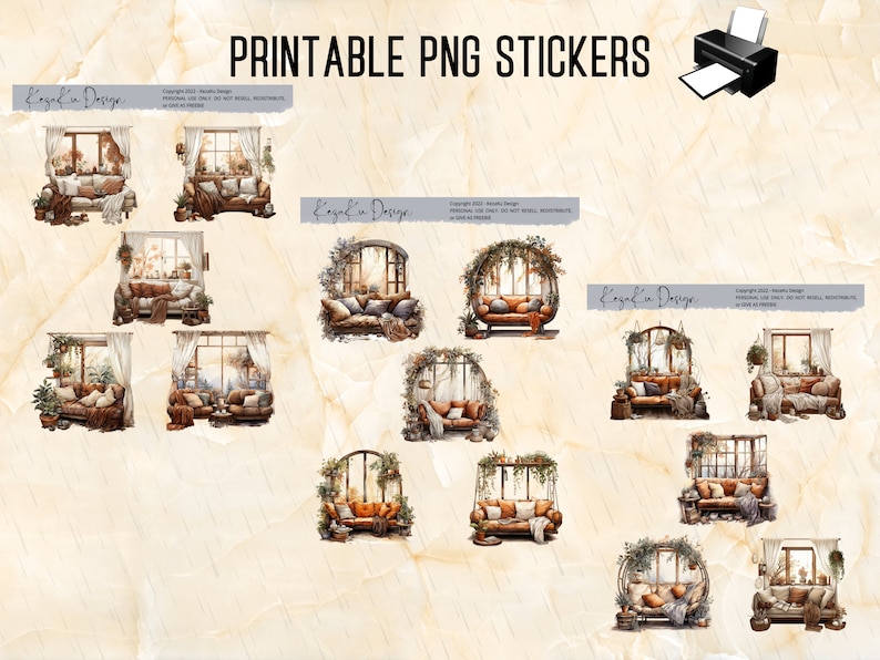 Sofa Sticker PRINTABLE Brown Window Stickers, Brown Sofa PDF-PNG Sticker Sheets ...