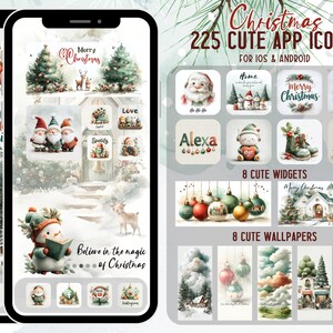 Op de afbeelding: Een digitale kunsttentoonstelling met kerst-app-pictogrammen, widgets en achtergronden. De afbeelding toont een verscheidenheid aan feestelijke ontwerpen, waaronder sneeuwpoppen, kabouters, kerstbomen en ornamenten. De tekst luidt "225 Cute App Icons voor iOS & Android".