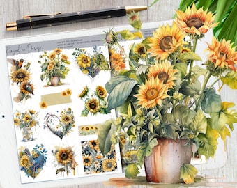 Goodnotes girasole acquerello, adesivi digitali girasole, adesivi primaverili, adesivi Goodnotes, GoodNotes Planner, adesivi digitali estivi