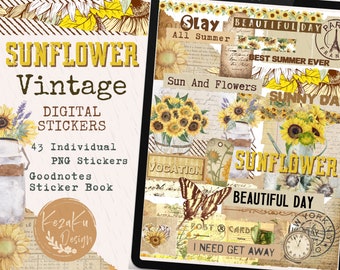 Adesivi digitali per girasole, adesivi digitali vintage, adesivi digitali per girasole vintage, adesivi digitali Goodnotes, adesivi vintage