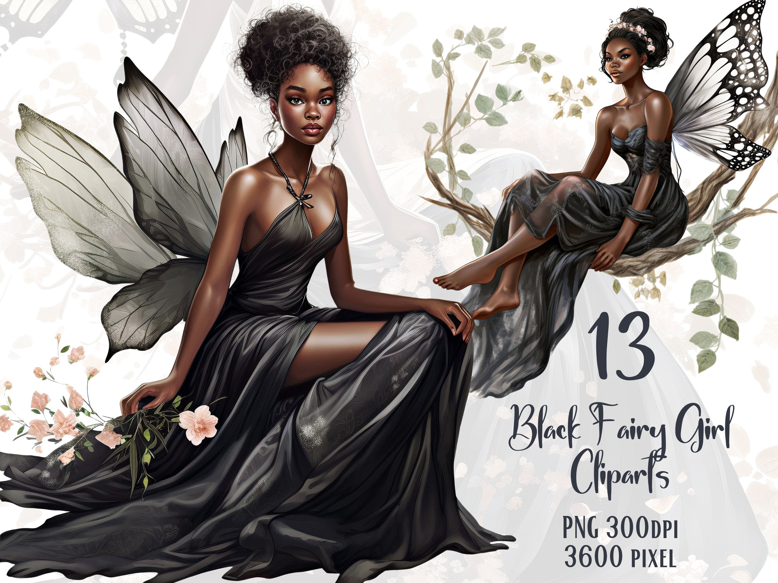 Black Fairy Girl Clipart, 13 Watercolor Black Fairy Girl PNG, Black Fairy Melanin Cliparts, Fairy clipart, Fantasy PNG, FairyTale Cliparts