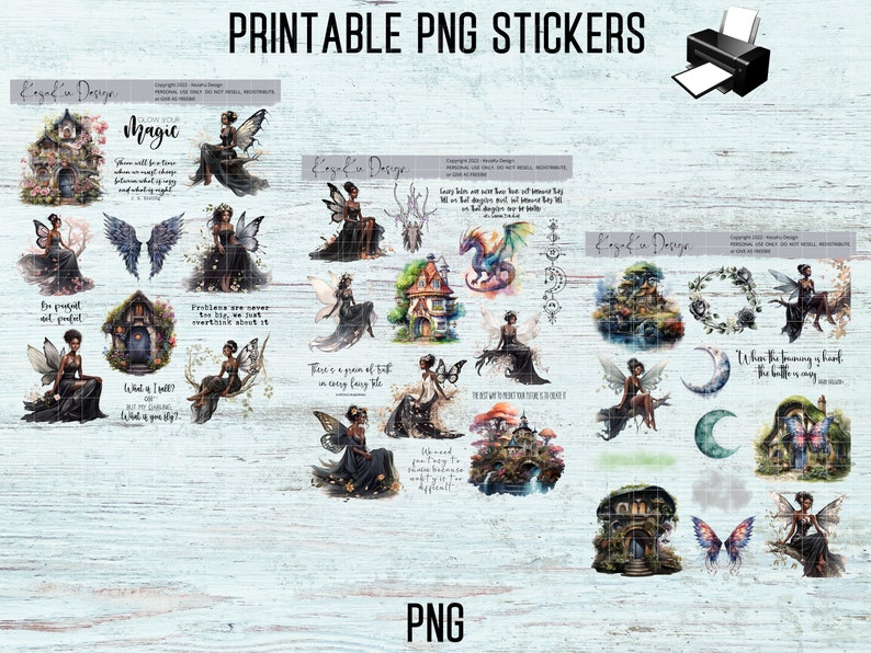 Fairy PRINTABLE Stickers, Black Fairy Printable Stickers, Black Girl Printable Stickers, Fantasy Printable Stickers, Magic Printable Sticker