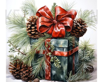 Clipart regalo di Natale 20 JPG di alta qualità, Buon Natale, Clipart di pino e regalo di Natale ad acquerello, Clipart di Natale