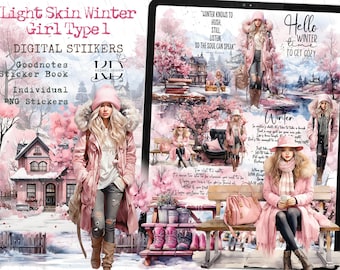 Positive Light Skin Winter Girl Digital Stickers, winter Girl Digital Stickers, Pink Winter Goodnotes, Cute Girl Goodnotes, Winter Goodnotes