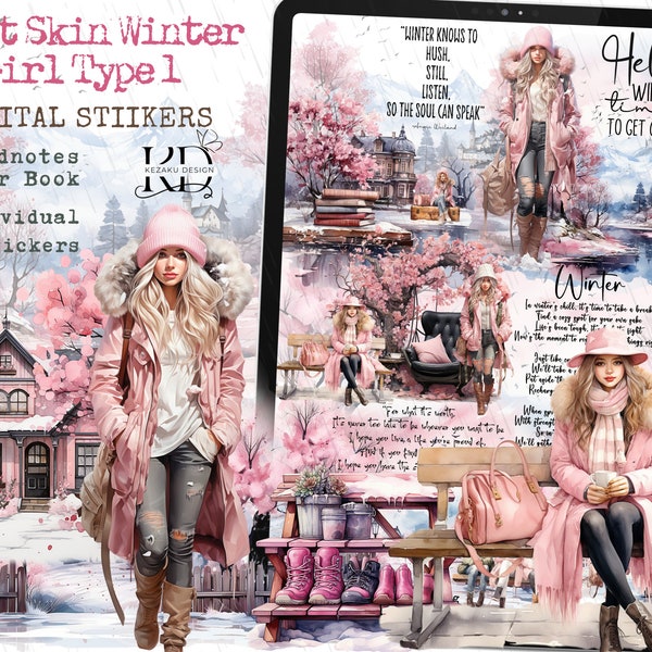 Positive Light Skin Winter Girl Digital Stickers, winter Girl Digital Stickers, Pink Winter Goodnotes, Cute Girl Goodnotes, Winter Goodnotes