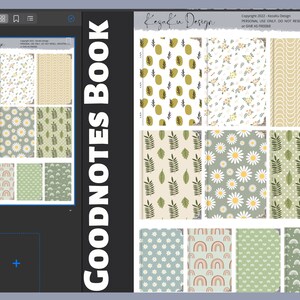 Op de afbeelding: Een digitale planner met 12 verschillende patronen voor Goodnotes. De patronen omvatten regenbogen, bloemen, bladeren en abstracte vormen in groen, geel, wit en bruin.