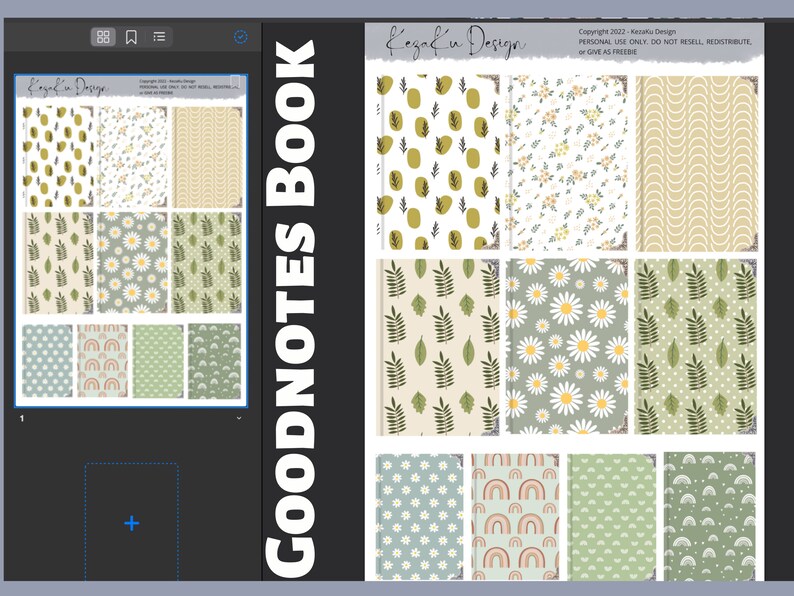 Op de afbeelding: Een digitale planner met 12 verschillende patronen voor Goodnotes. De patronen omvatten regenbogen, bloemen, bladeren en abstracte vormen in groen, geel, wit en bruin.