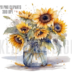 Watercolor Sunflowers Clipart, fall sunflower floral bouquet, Sunflower Clipart, Sunflower PNG, Sunflower In Pot, Sunflower instant Download