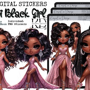 Pegatinas digitales mágicas de chicas negras chibi, pegatinas digitales de chicas negras, notas de buenas notas de chicas negras de dibujos animados, notas de buenas notas de chicas afro, chicas chibi
