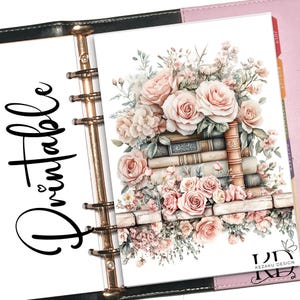 May include: Printable planner page featuring a stack of books with pink roses and greenery. The text "Printable" is written in black cursive on the left side of the page.
