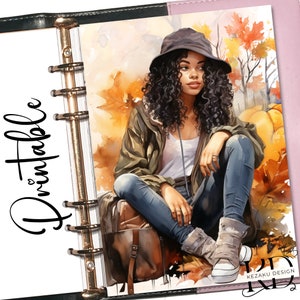 Agenda imprimable tableaux de bord, agenda de tableau de bord fille noire automne, tableau de bord fille, agenda A5, agenda de poche, tableau de bord automne, fille automne