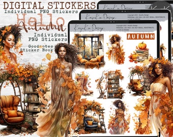 Autumn Black Girl Digital Stickers, Autumn Reading Nook Digital Stickers, Autumn Black Girl Goodnotes, Black Girl Magic Goodnotes, Fall