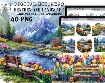 Panchine DIGITALI e adesivi paesaggistici, bellissime panchine e adesivi digitali paesaggistici, adesivi per ragazze primaverili Png-Digitale, Goodnotes estivi