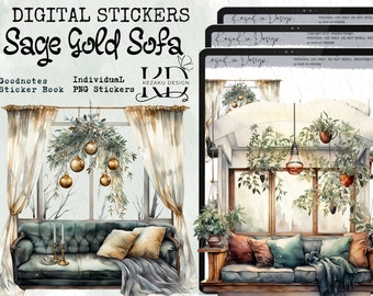 Sage Gold Sofa Digital Stickers, Gold Ornament Stickers, sofa Goodnotes, Furnitures PNG, Gold Furniture Stickers, Cozy Sofa, Gold Sofa PNG