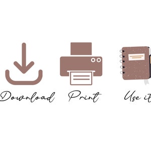 May include: A brown download icon, a brown printer icon, and a brown notebook with a white ribbon bookmark. The text "Download", "Print", and "Use it" is below each icon.