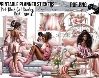 Autocollant livre de lecture fille noire rose à imprimer T2, autocollants imprimables fille noire, autocollants fille noire, ensembles d'autocollants fille, autocollants fille afro